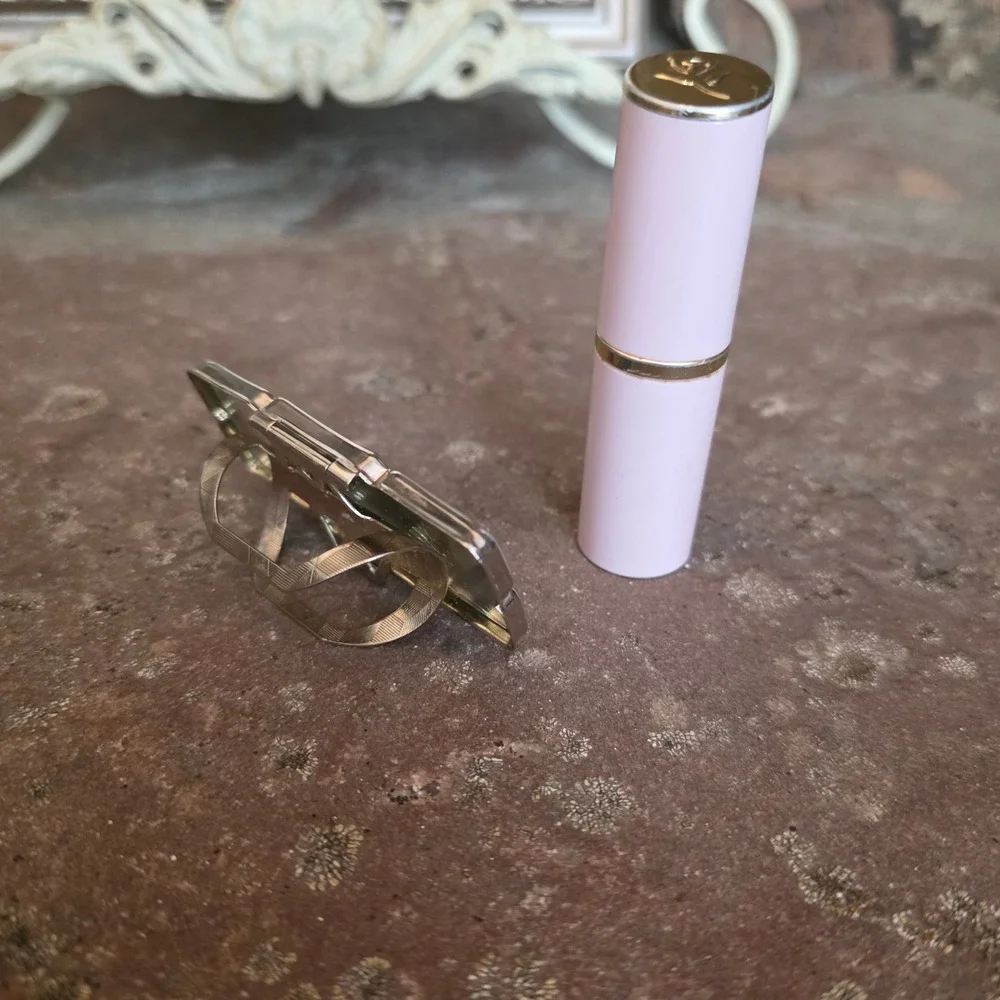 Vintage Floral Lipstick Case Holder with Mirror Silver Tone Metal Multi Color